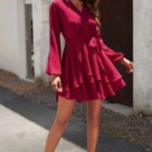 Cross V Neck Knot Belt Ruffle Fit Mini Dress